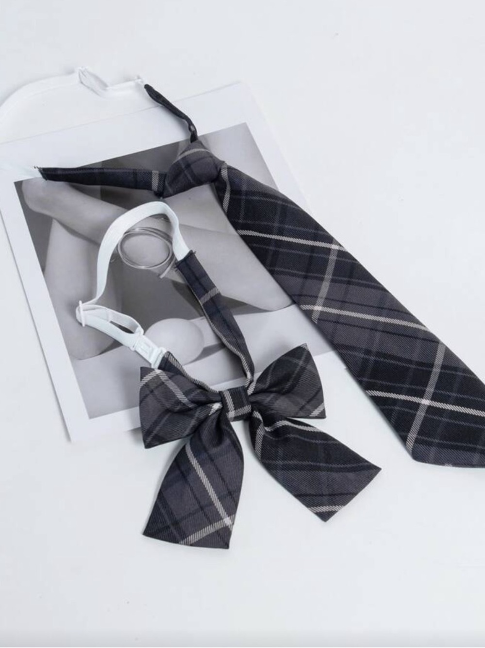 Plaid Pre-Tied Bow Tie and Necktie Set - Gray